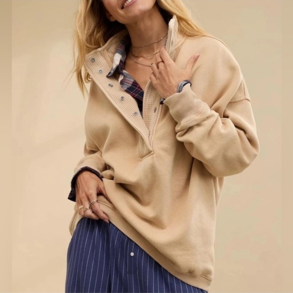 Aerie Getaway Quarter Snap Beige Oversized Pullover Sweatshirt XS